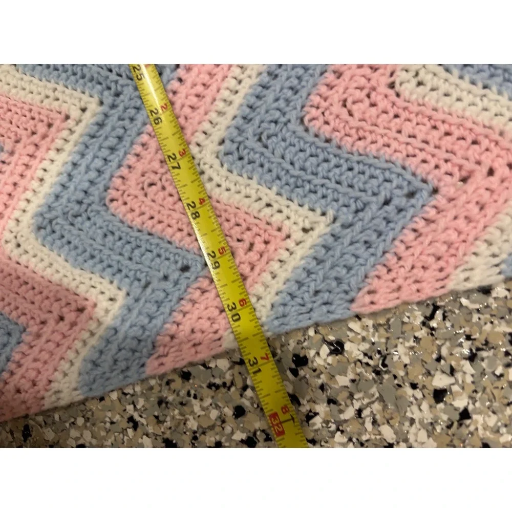 Vintage Handmade Crochet Baby Blanket Pink Blue White Chevron Ripple 32x44